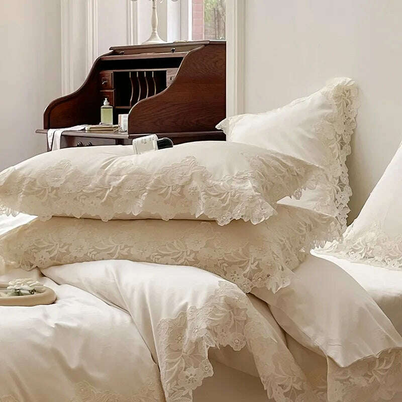 4/7Pcs French Romantic Wedding Chic White Lace Bedding Set 1000TC Egyptian Cotton Ultra Soft Duvet Cover Bed Sheet Pillowcases - KIMLUD