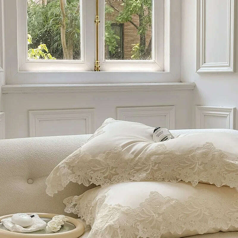 4/7Pcs French Romantic Wedding Chic White Lace Bedding Set 1000TC Egyptian Cotton Ultra Soft Duvet Cover Bed Sheet Pillowcases - KIMLUD