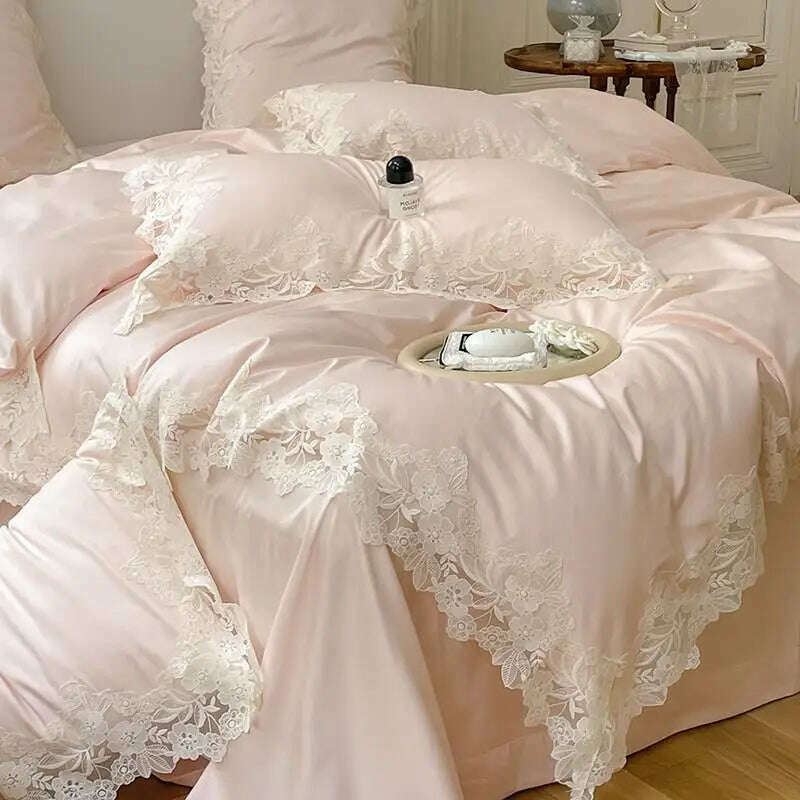 4/7Pcs French Romantic Wedding Chic White Lace Bedding Set 1000TC Egyptian Cotton Ultra Soft Duvet Cover Bed Sheet Pillowcases - KIMLUD