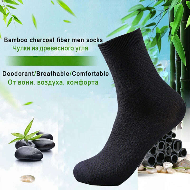5 Pairs Men Bamboo Fiber Crew Casual Socks Man High Quality Spring Summer Autumn Business Breathable Black Male Dress Long Socks - KIMLUD