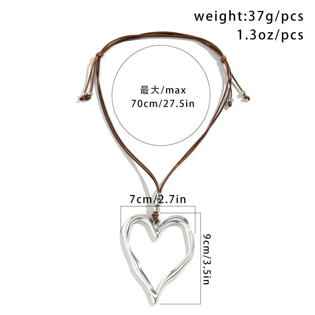 70CM Long Wax Thread Rope Chain With Large Hollow Love Heart Pendant Necklace for Women Sweet Cool Adjustable Choker Y2K Jewelry - KIMLUD
