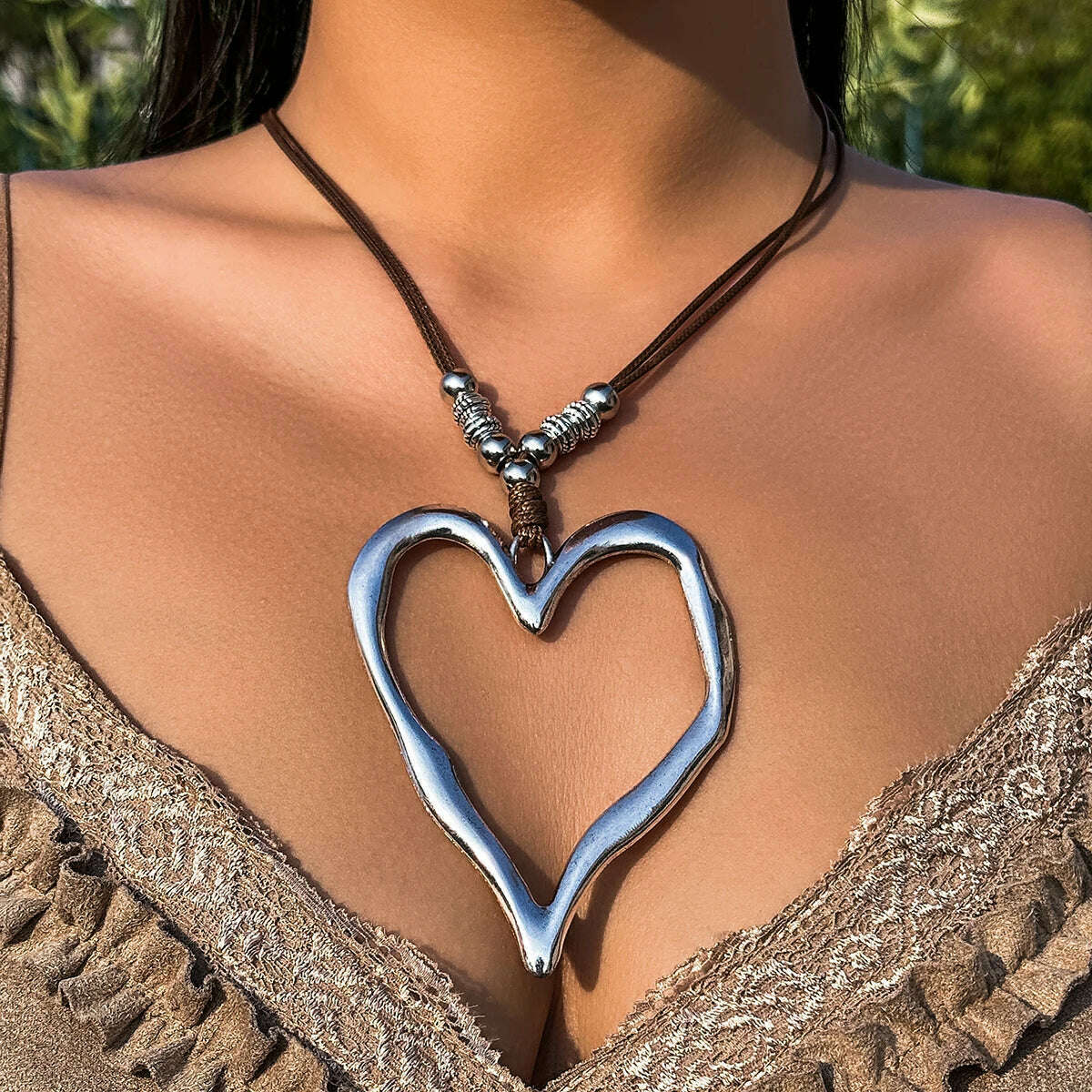 70CM Long Wax Thread Rope Chain With Large Hollow Love Heart Pendant Necklace for Women Sweet Cool Adjustable Choker Y2K Jewelry - KIMLUD