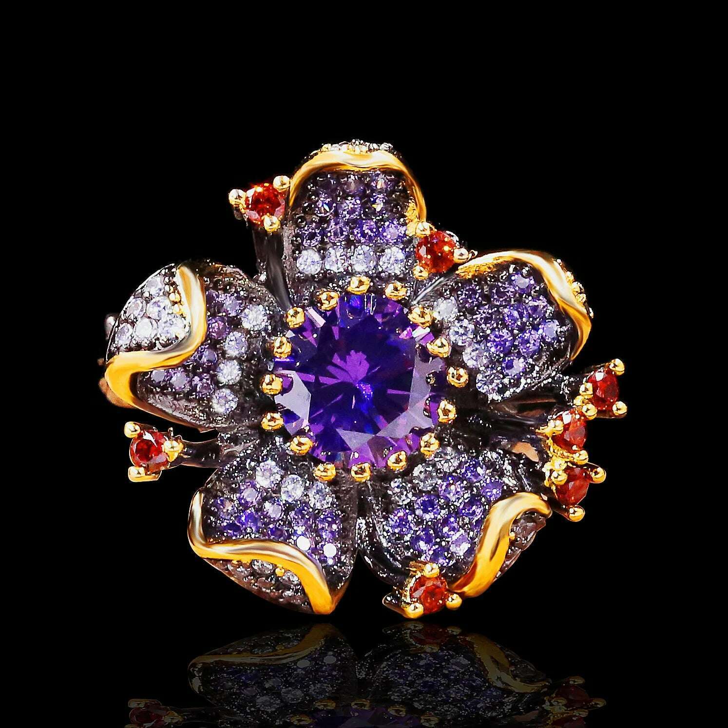 925 Stamp New Unique Purple Diamond Flower-Shaped Black Gold Ring Zircon Shiny Jewelry Elegant Party Women's - KIMLUD