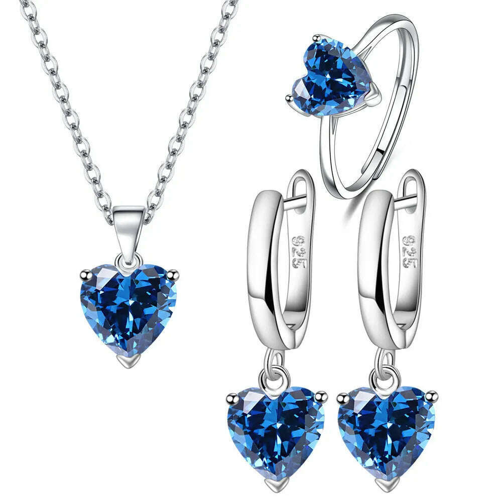 925 Sterling Silver Jewelry Sets For Women Heart Zircon Ring Earrings Necklace Wedding Bridal Elegant Christmas Free Shipping - KIMLUD