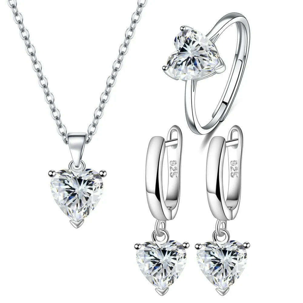 925 Sterling Silver Jewelry Sets For Women Heart Zircon Ring Earrings Necklace Wedding Bridal Elegant Christmas Free Shipping - KIMLUD