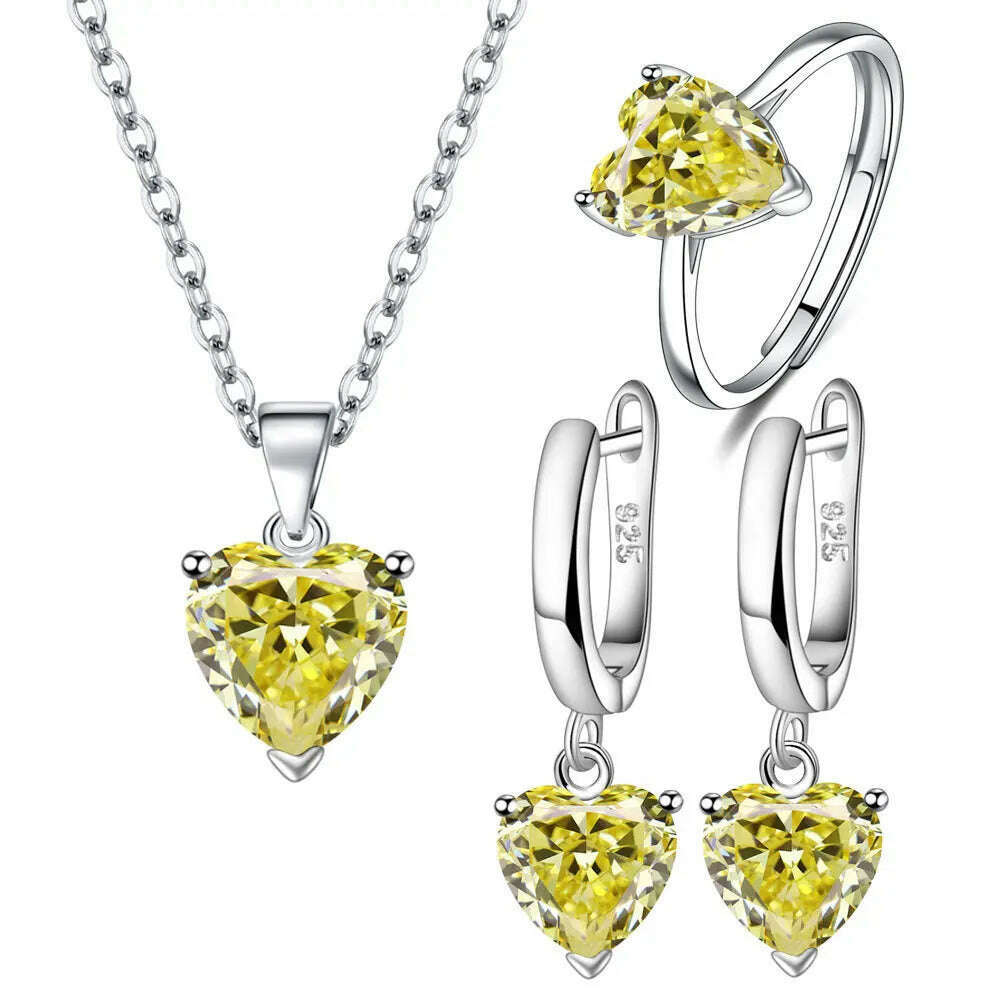 925 Sterling Silver Jewelry Sets For Women Heart Zircon Ring Earrings Necklace Wedding Bridal Elegant Christmas Free Shipping - KIMLUD