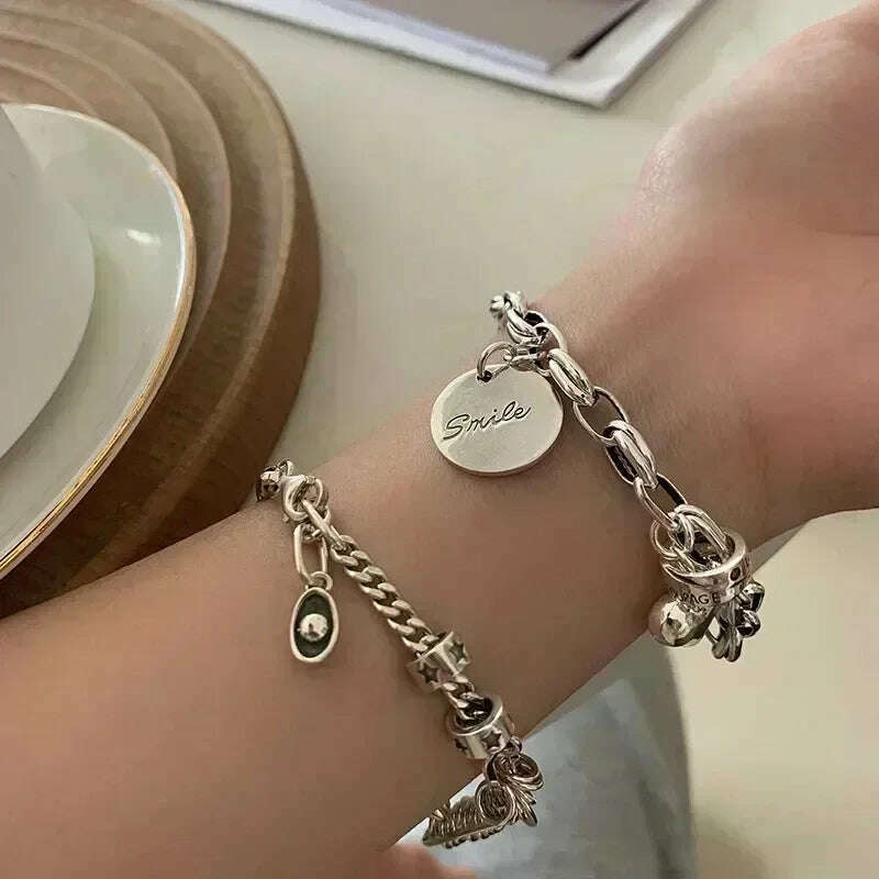 925 Sterling Silver Thai Silver Bracelet for Women Vintage Geometric Heart Love Lucky Punk Jewelry 2023 New Dropshipping - KIMLUD