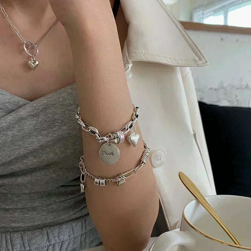 925 Sterling Silver Thai Silver Bracelet for Women Vintage Geometric Heart Love Lucky Punk Jewelry 2023 New Dropshipping - KIMLUD