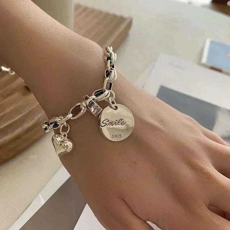 925 Sterling Silver Thai Silver Bracelet for Women Vintage Geometric Heart Love Lucky Punk Jewelry 2023 New Dropshipping - KIMLUD