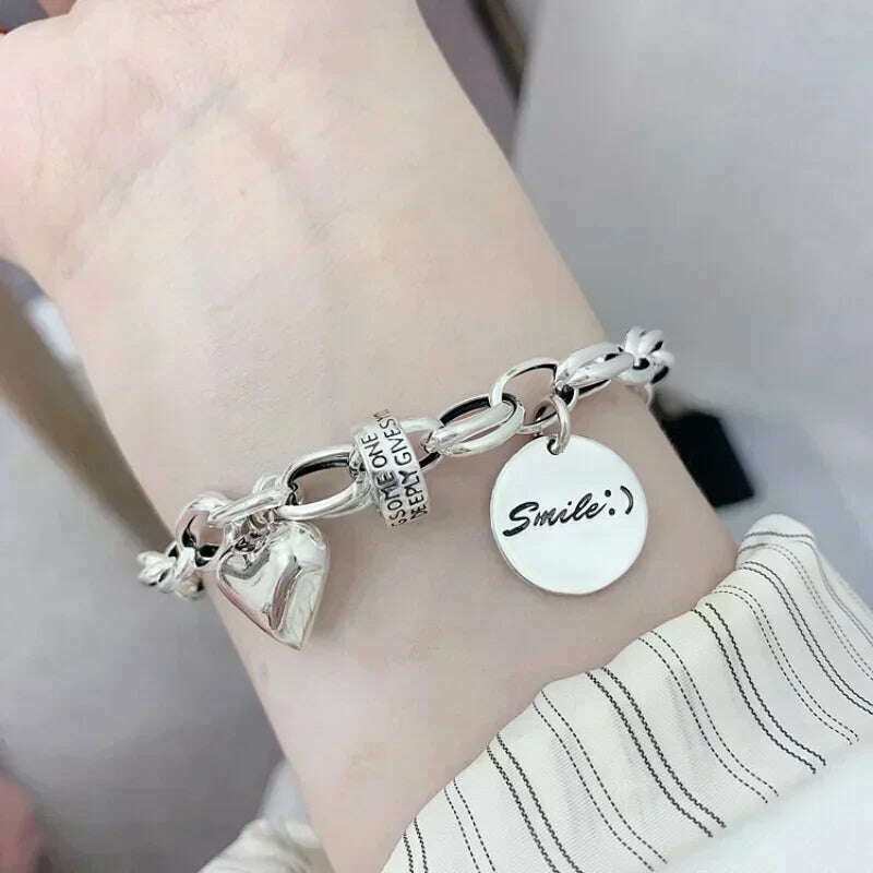 925 Sterling Silver Thai Silver Bracelet for Women Vintage Geometric Heart Love Lucky Punk Jewelry 2023 New Dropshipping - KIMLUD