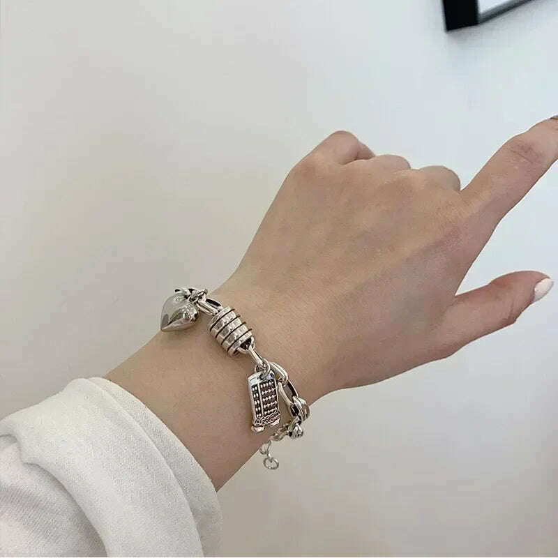 925 Sterling Silver Thai Silver Bracelet for Women Vintage Geometric Heart Love Lucky Punk Jewelry 2023 New Dropshipping - KIMLUD