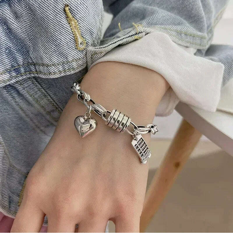 925 Sterling Silver Thai Silver Bracelet for Women Vintage Geometric Heart Love Lucky Punk Jewelry 2023 New Dropshipping - KIMLUD