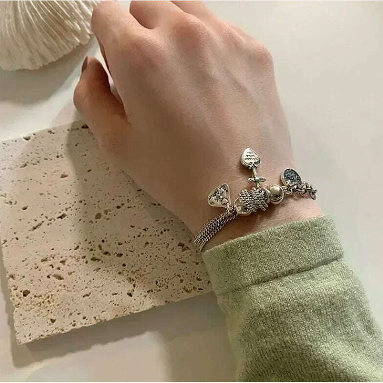 925 Sterling Silver Thai Silver Bracelet for Women Vintage Geometric Heart Love Lucky Punk Jewelry 2023 New Dropshipping - KIMLUD