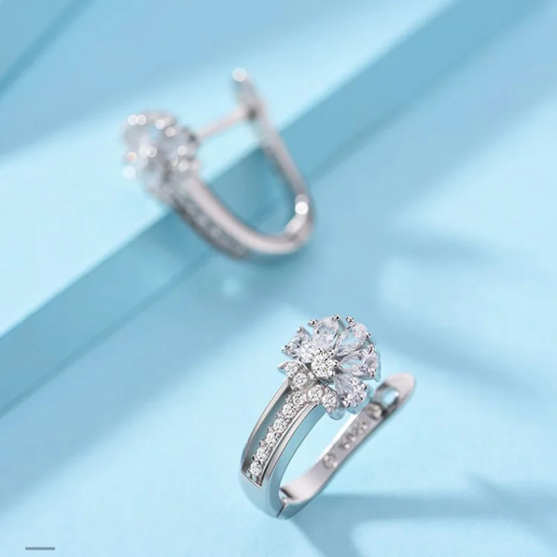 KIMLUD, Fine Jewelry 925 Sterling Silver Earrings Inlaid With Zircon Crystal Flower Earrings Charm Jewelry For Women Gift Engagement Wed, KIMLUD Womens Clothes
