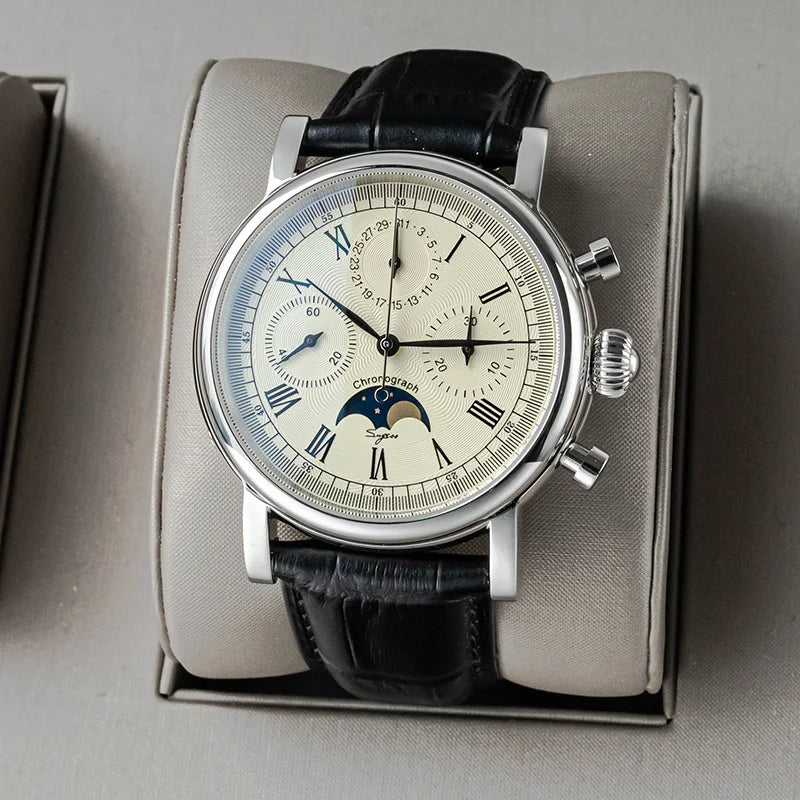 Sugess Mechanical Men Watch Original ST1908 Movement Chronograph Vintage Moonphase Genuine Leather Band Waterproof 50ATM ST19