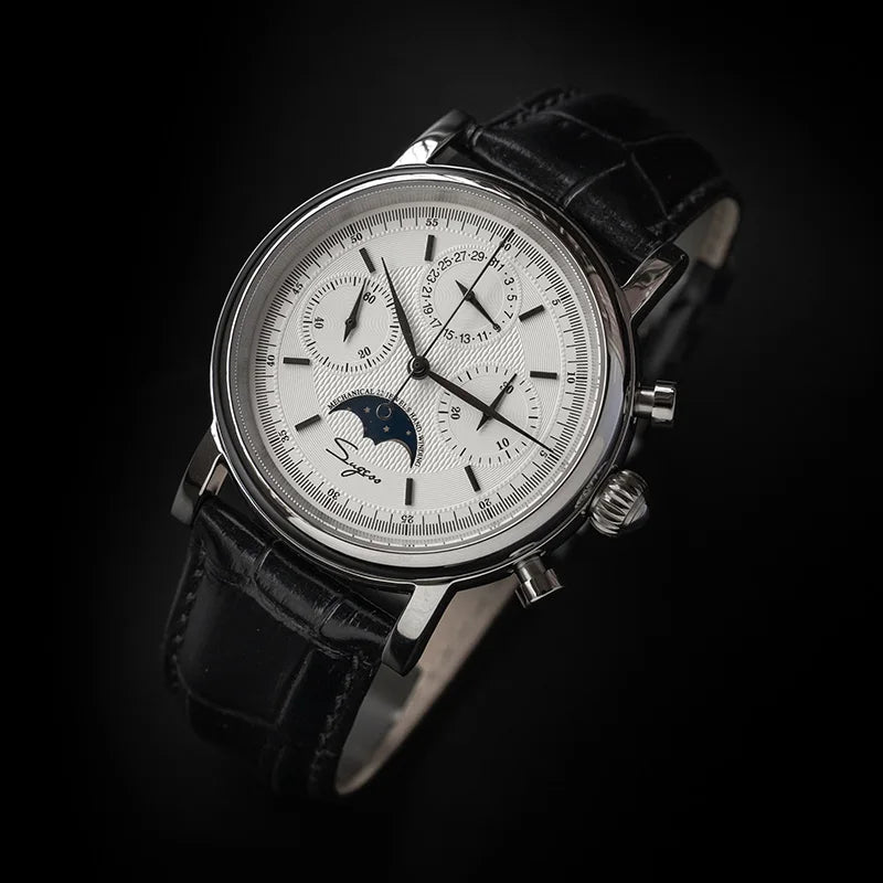 Sugess Mechanical Men Watch Original ST1908 Movement Chronograph Vintage Moonphase Genuine Leather Band Waterproof 50ATM ST19