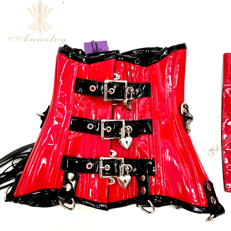 Annzley Red And Black Leather Corset With Lock Underbust Korsett For Waist Slimming Men Corset Tight Lacing Corsette 24 Pieces - KIMLUD