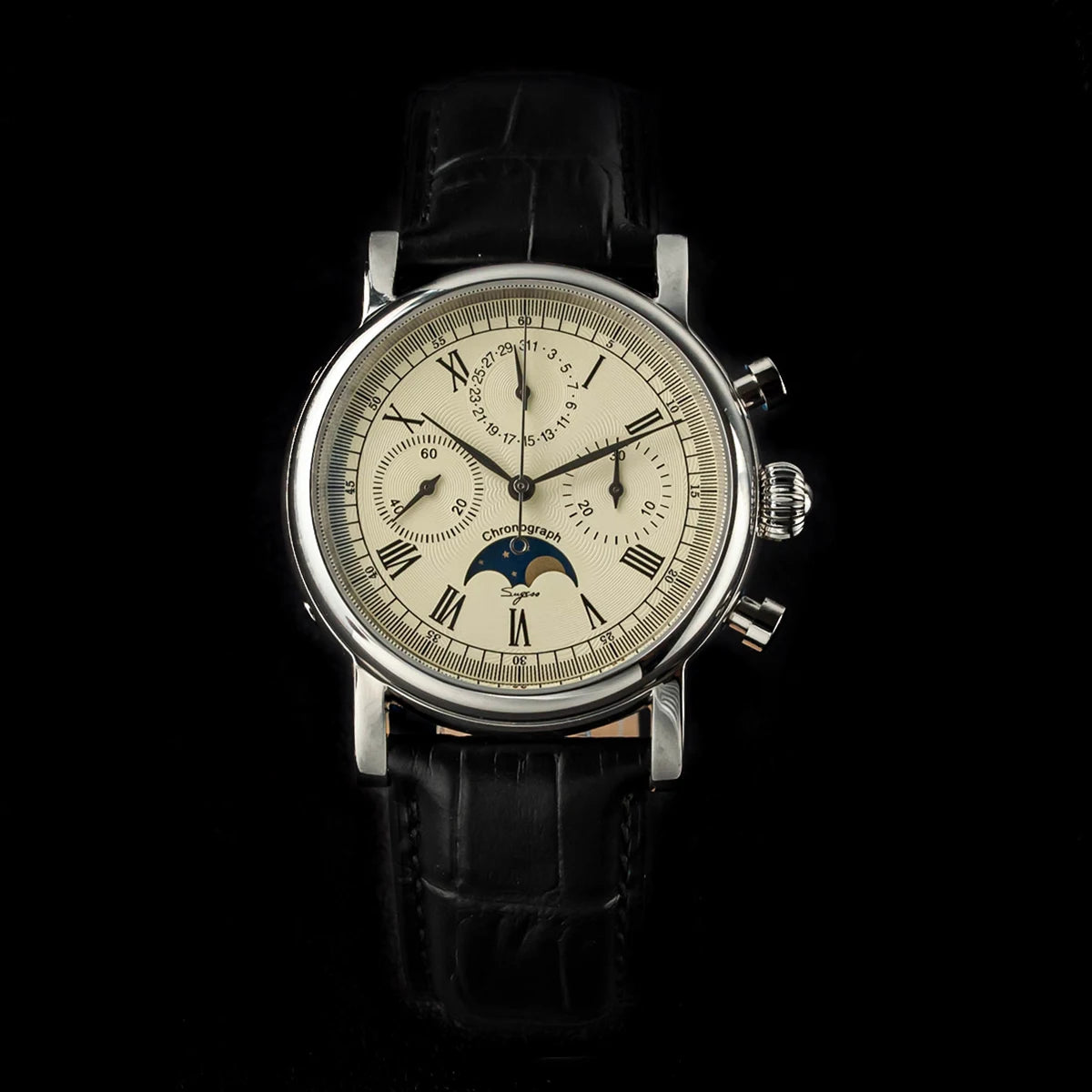 Sugess Mechanical Men Watch Original ST1908 Movement Chronograph Vintage Moonphase Genuine Leather Band Waterproof 50ATM ST19