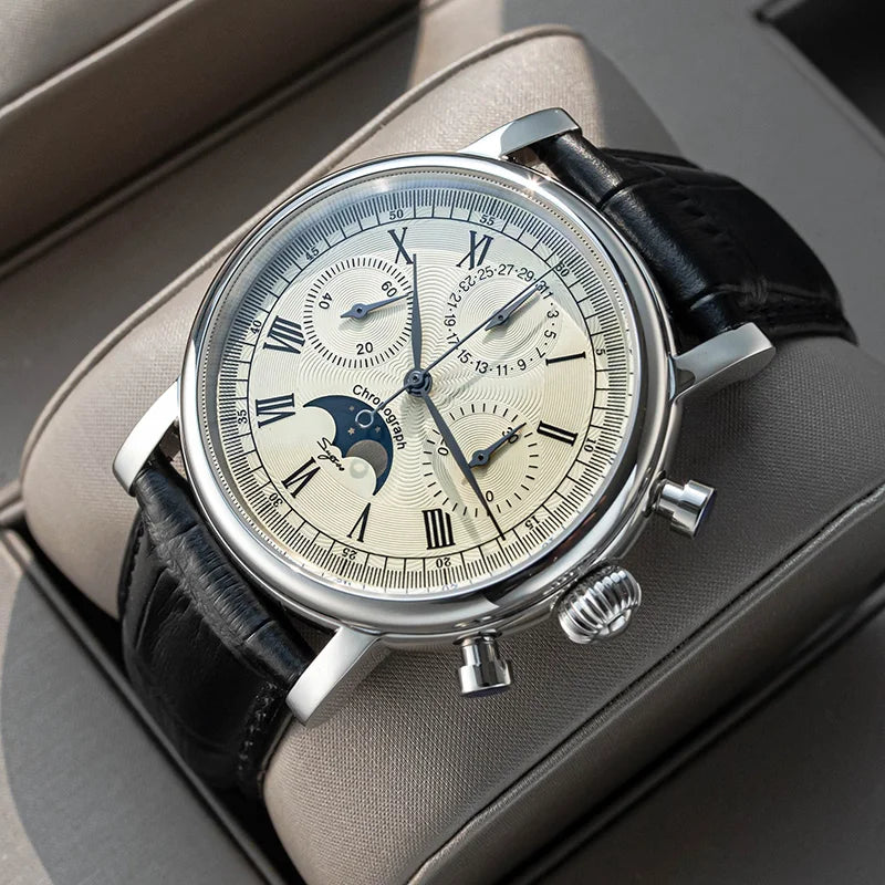 Sugess Mechanical Men Watch Original ST1908 Movement Chronograph Vintage Moonphase Genuine Leather Band Waterproof 50ATM ST19