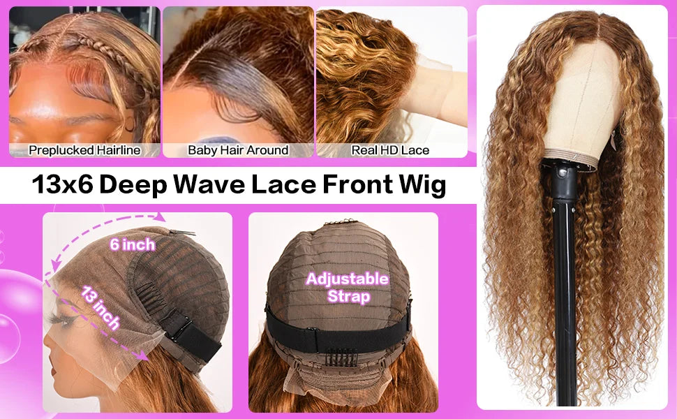 250% 4/27 Highlight 13x6 Deep Wave Lace Front Wigs Human Hair 13x4 Ombre Curly Wig Straight HD Front Wig Human Hair Pre Plucked