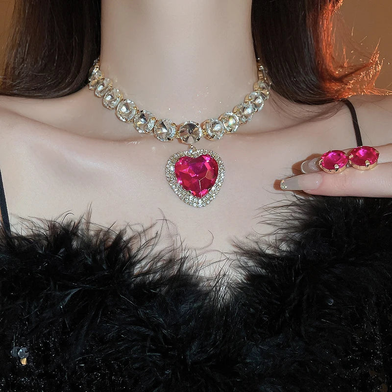 Romantic Heart Pendant Necklace Earrings Set Luxury Rhinestone Necklace Stud Earrings Jewelry Sets For Party Wedding Bridal