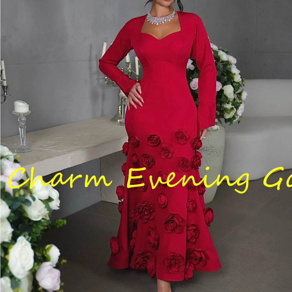Classic Straight Ankle Length Square Neck Jersey Long Sleeves Flowers Evening Dress Fashion Photo Color vestidos de fiesta - KIMLUD
