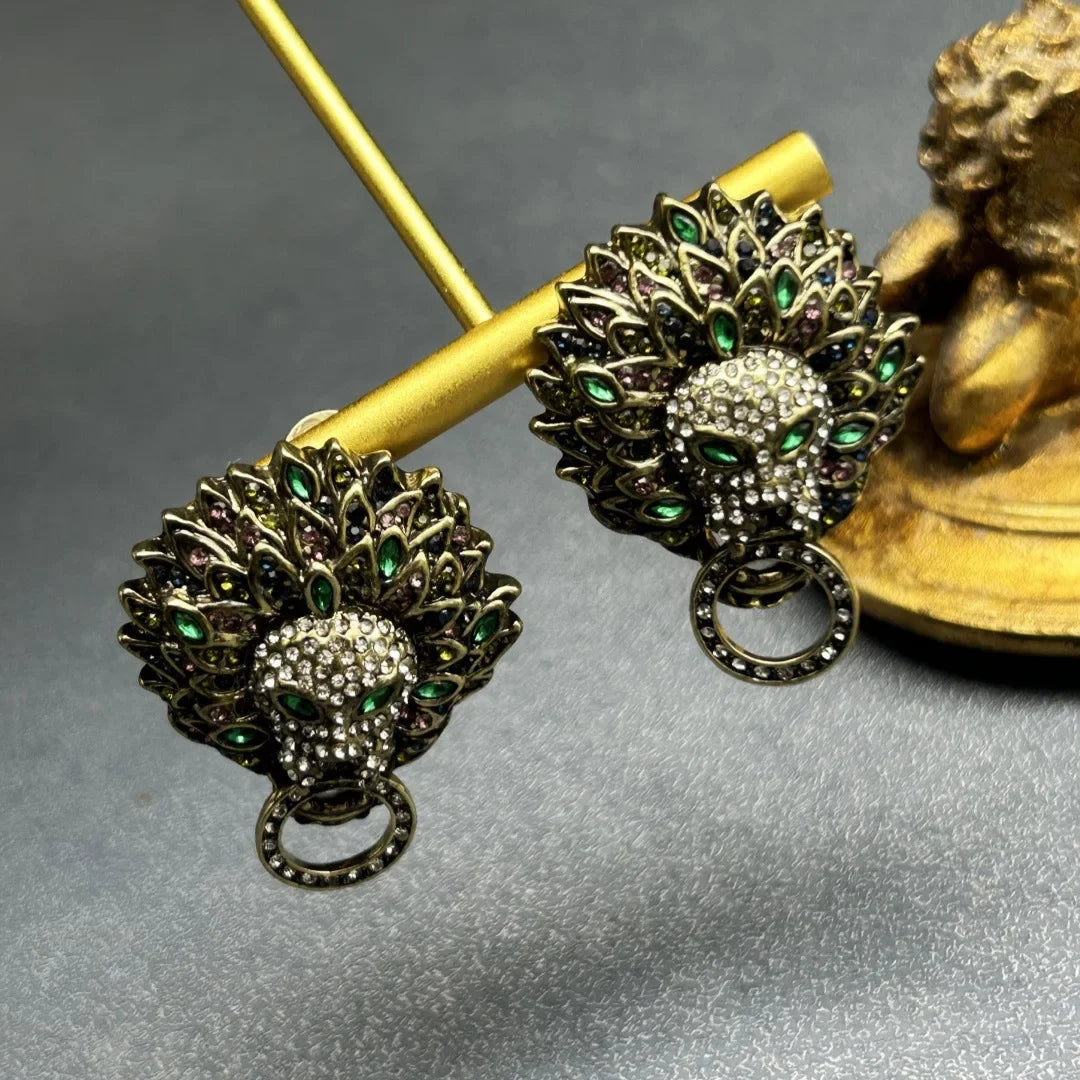Medieval Vintage Palace Retro Full Inlaid Lion Head Heavy Multi-layer Tassel Necklace Earrings Set