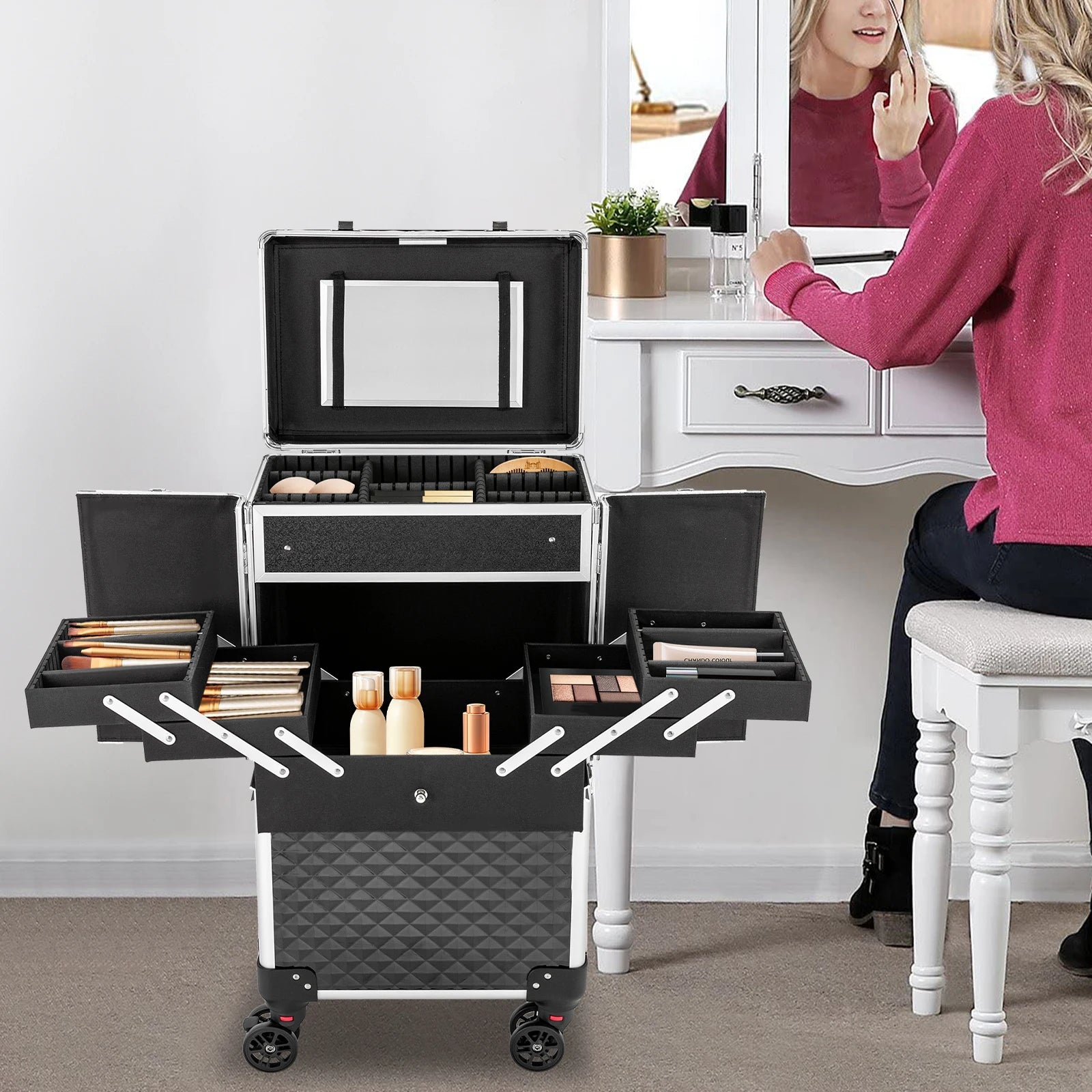 Multi-tier Rolling Makeup Case, Heavy-duty ABS and Fiberboard Construction, Ergonomic Handle, Perfect for Hairstylists