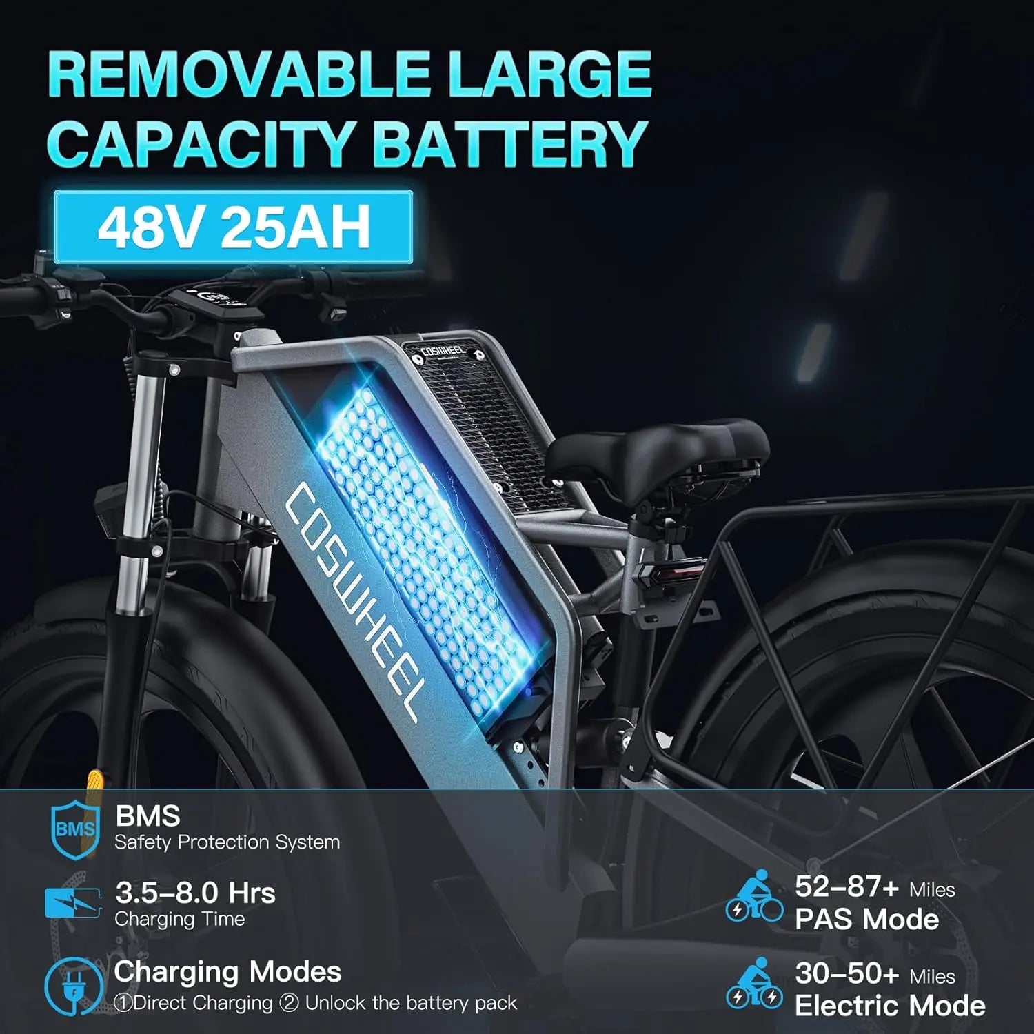 COSWHEEL 26Inch Electric Bike Off Road Mountain bike Electric Motorcyle Fat bike E Bike 1500w 48V 25Ah Removabel Battery