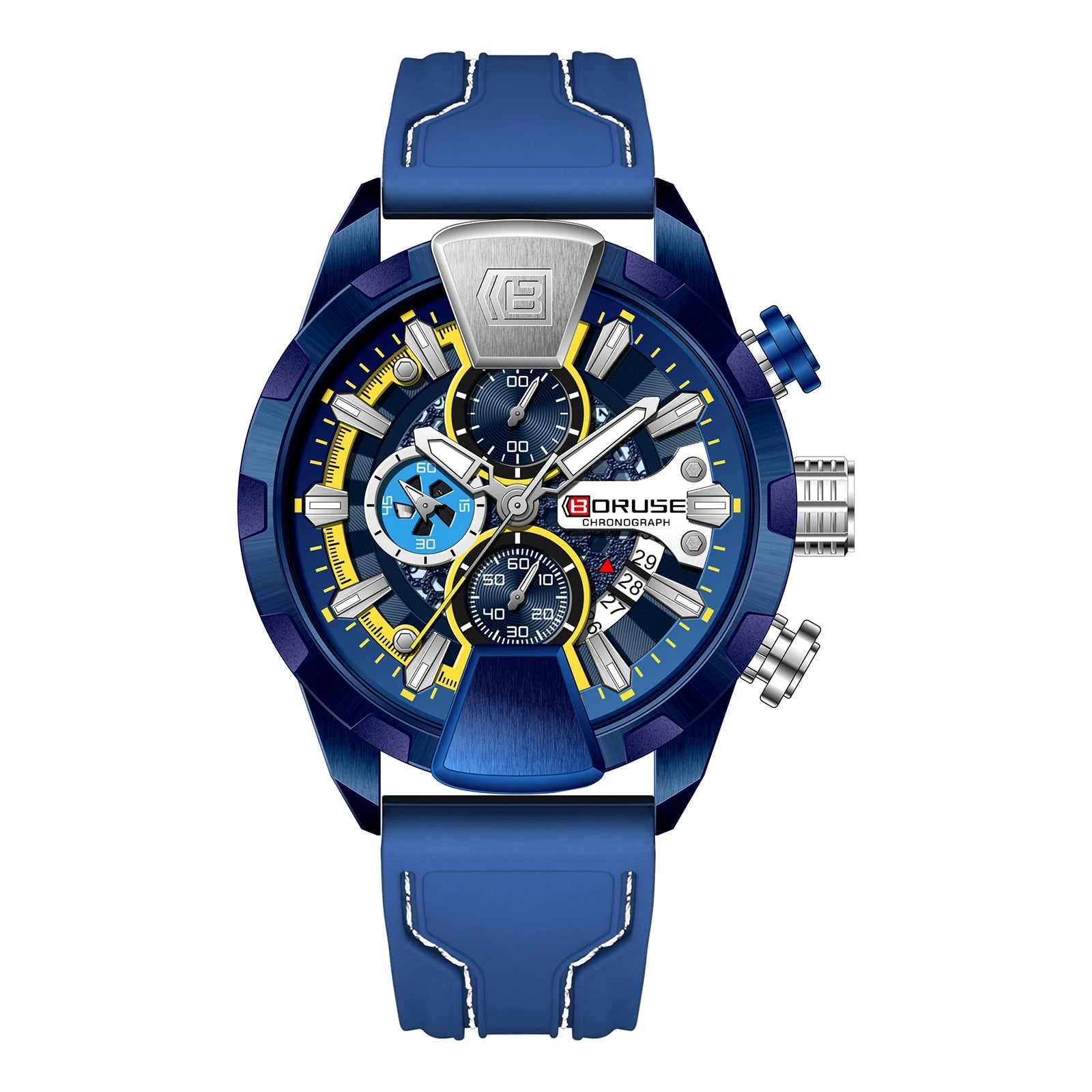 BORUSE Yellow Watches for Men Business Chronograph Silicone Waterproof Quartz Wristwatch Reloj Hombre