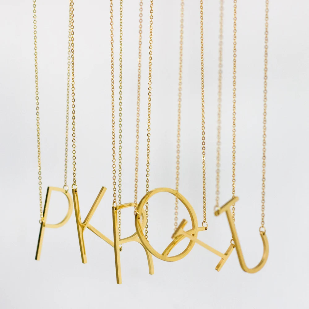LUXUSTEEL Stainless Steel Large Initial Necklaces For Women Sideways Big 26 Letter A-Z Golden Color Monogram Alphabet Collar