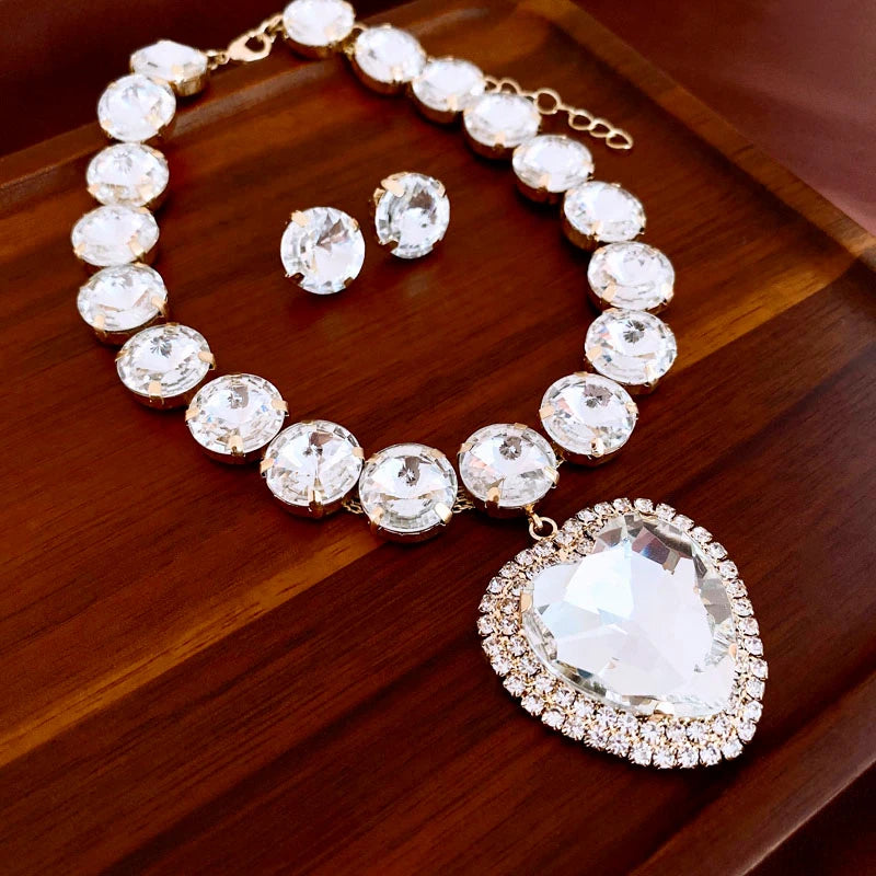 Romantic Heart Pendant Necklace Earrings Set Luxury Rhinestone Necklace Stud Earrings Jewelry Sets For Party Wedding Bridal