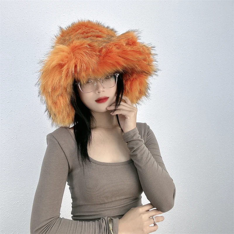 KIMLUD, Winter Women Faux Fur Bucket Hat Warm Raccoon Fur Hat Oversize Outdoor Punk Hat Girl Fashion Long Fur Bucket Hat Furry Cute Cap, orange / CHINA, KIMLUD APPAREL - Womens Clothes