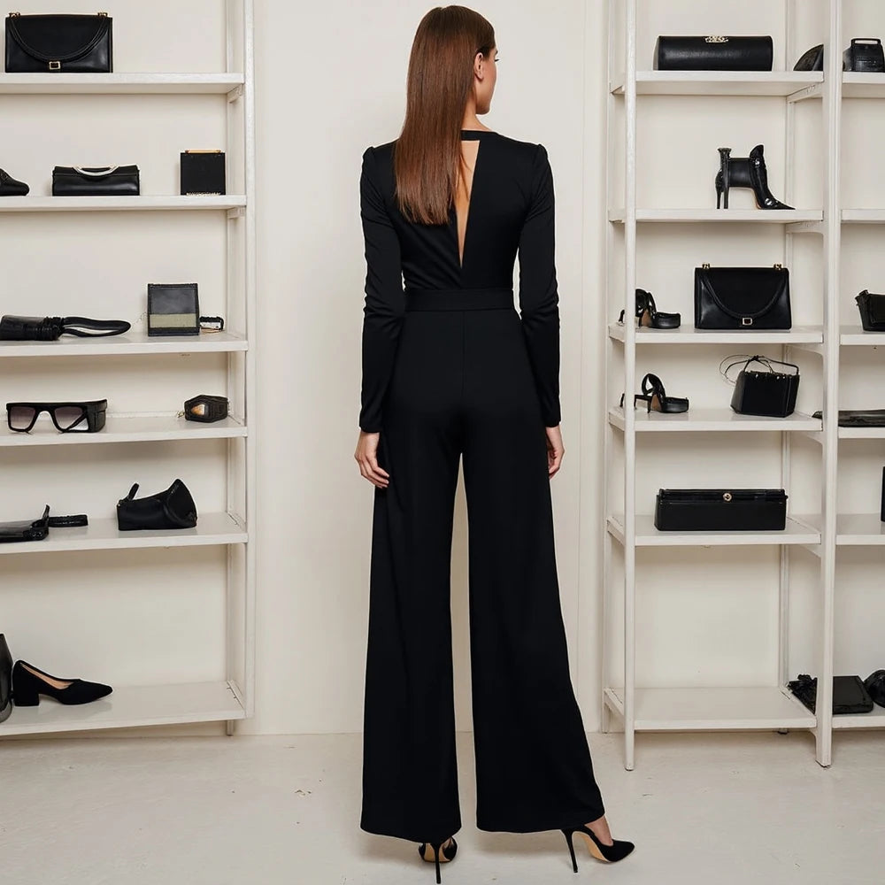 Mia Muse Women's Jumpsuits All Season French Elegant Solid Color Waist In Design Long Sleeve Plunge Neck Wide Leg Suitable for