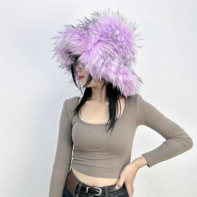 KIMLUD, Winter Women Faux Fur Bucket Hat Warm Raccoon Fur Hat Oversize Outdoor Punk Hat Girl Fashion Long Fur Bucket Hat Furry Cute Cap, Purple / CHINA, KIMLUD APPAREL - Womens Clothes