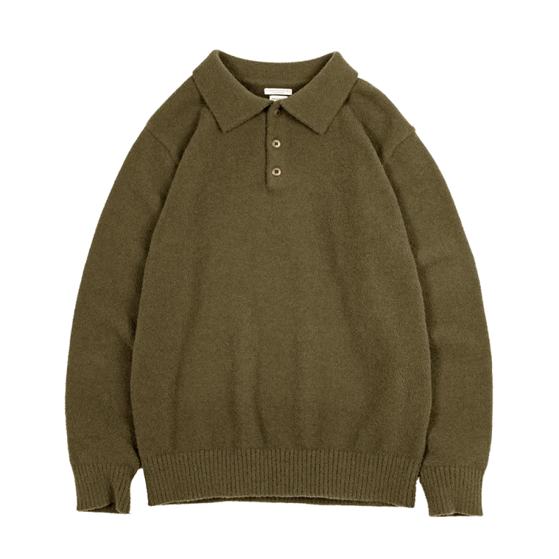 Maden Vintage Arctic Feece Polo Sweater 2023 Autumn Winter Army Green Warm Knit Pullover Men's Solid Color Heavyweight Jumper - KIMLUD