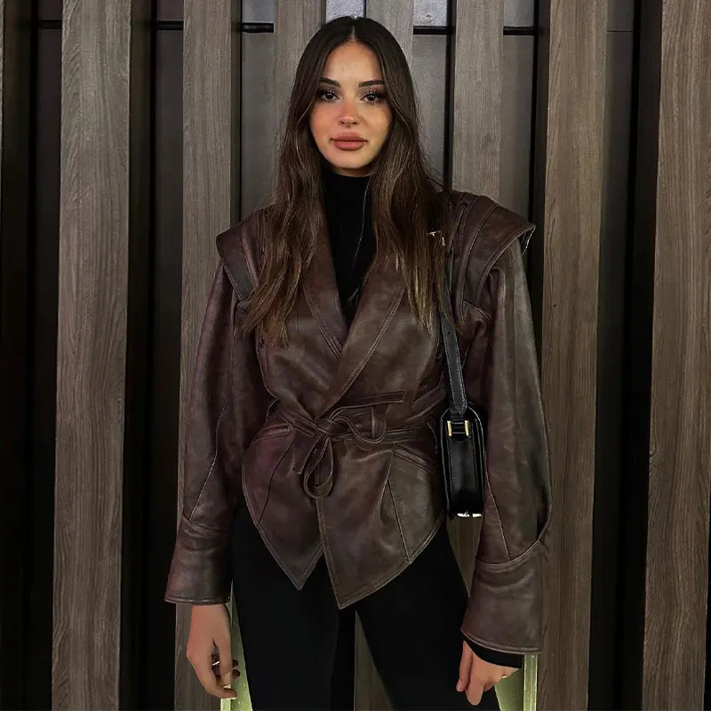 Vintage Pu Leather Lace-up Short Jacket For Women Fashion Lapel Long Sleeves Irregular Coat 2023 Ladies Office Commute Outwear - KIMLUD