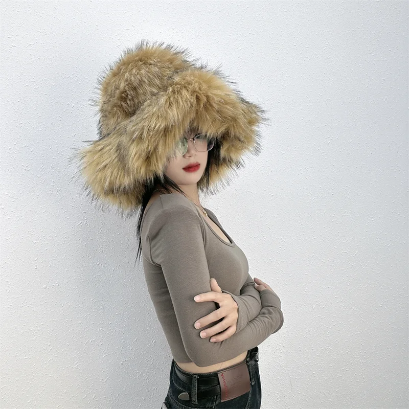 KIMLUD, Winter Women Faux Fur Bucket Hat Warm Raccoon Fur Hat Oversize Outdoor Punk Hat Girl Fashion Long Fur Bucket Hat Furry Cute Cap, brown / CHINA, KIMLUD APPAREL - Womens Clothes