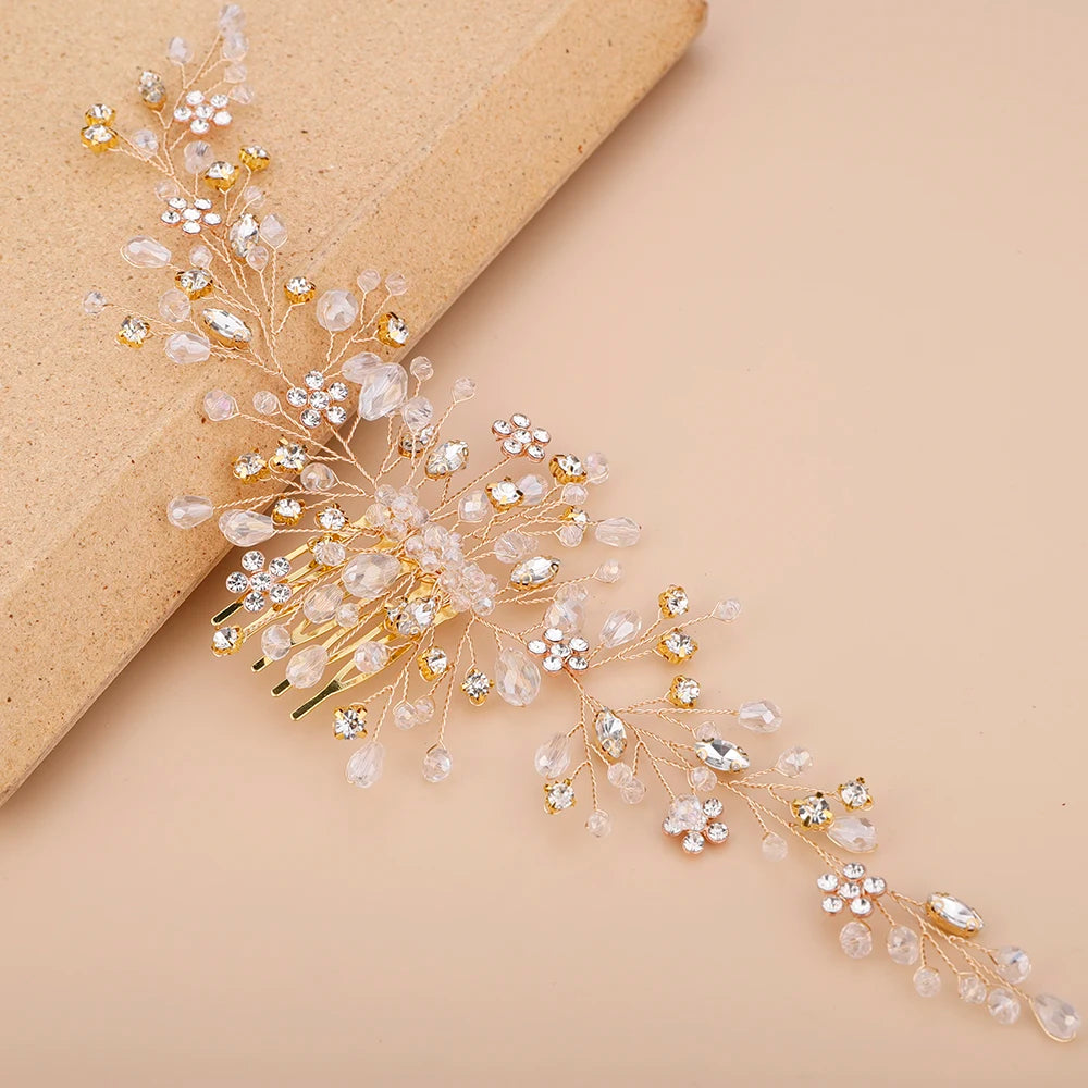 Vintage Rose gold Silver Wedding Accessories bridal headwear Shiny Crystal Hair comb Elegant banquet for women - KIMLUD