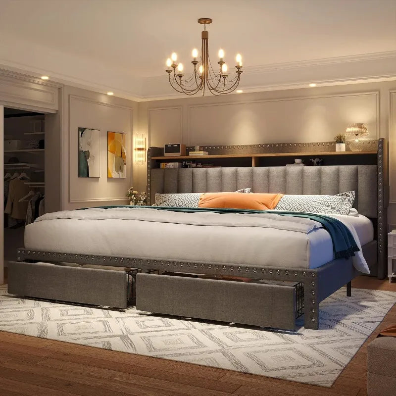 KIMLUD, King Size Bed Frame with Storage and Headboard, Upholstered King Bed Frame with Storage, Grey King Bed Frame with 2 Drawers, KIMLUD Womens Clothes
