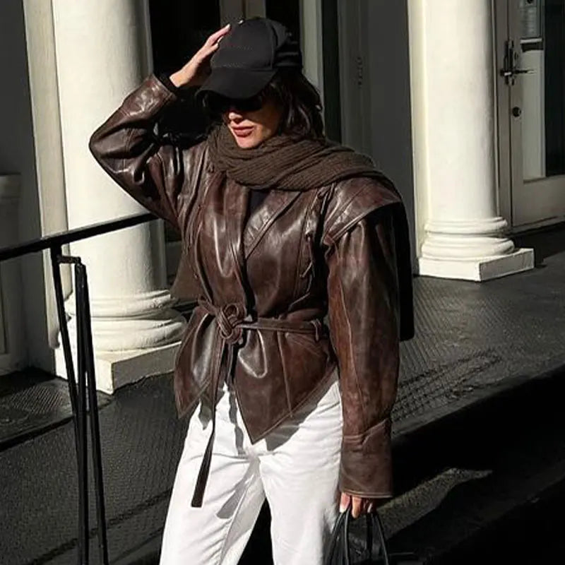 Vintage Pu Leather Lace-up Short Jacket For Women Fashion Lapel Long Sleeves Irregular Coat 2023 Ladies Office Commute Outwear - KIMLUD