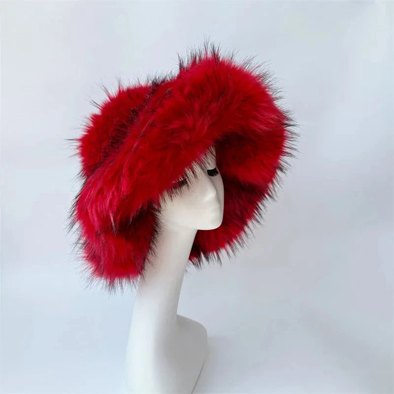 KIMLUD, Winter Women Faux Fur Bucket Hat Warm Raccoon Fur Hat Oversize Outdoor Punk Hat Girl Fashion Long Fur Bucket Hat Furry Cute Cap, Red / CHINA, KIMLUD APPAREL - Womens Clothes