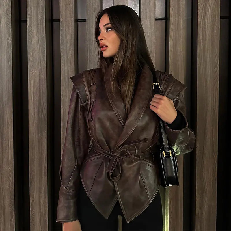 Vintage Pu Leather Lace-up Short Jacket For Women Fashion Lapel Long Sleeves Irregular Coat 2023 Ladies Office Commute Outwear - KIMLUD