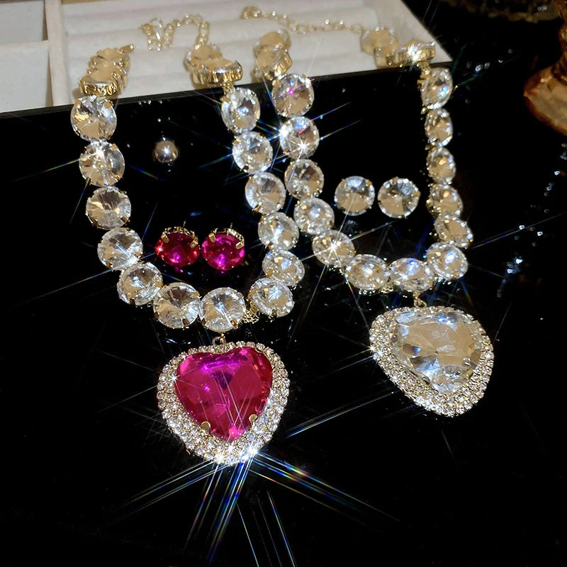Romantic Heart Pendant Necklace Earrings Set Luxury Rhinestone Necklace Stud Earrings Jewelry Sets For Party Wedding Bridal