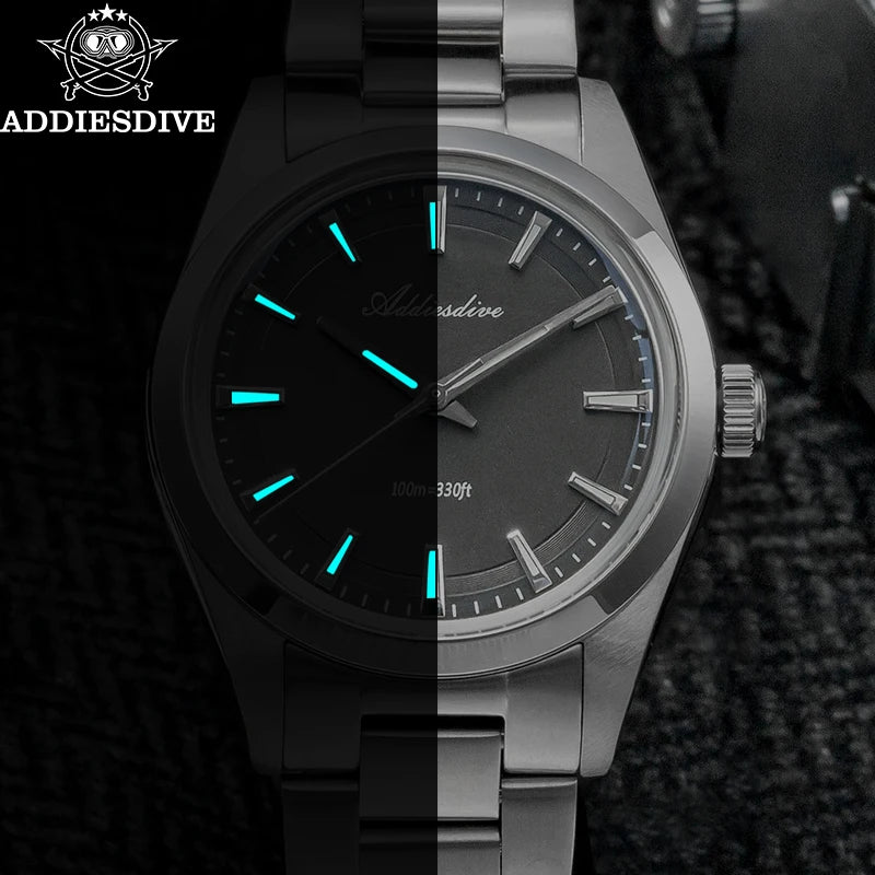 ADDIESDIVE 36MM Simple Stainless Steel Men's Watch Bubble Mirror Glass Luxury Quartz Watches 100M Waterproof AD2066 Reloj Hombre