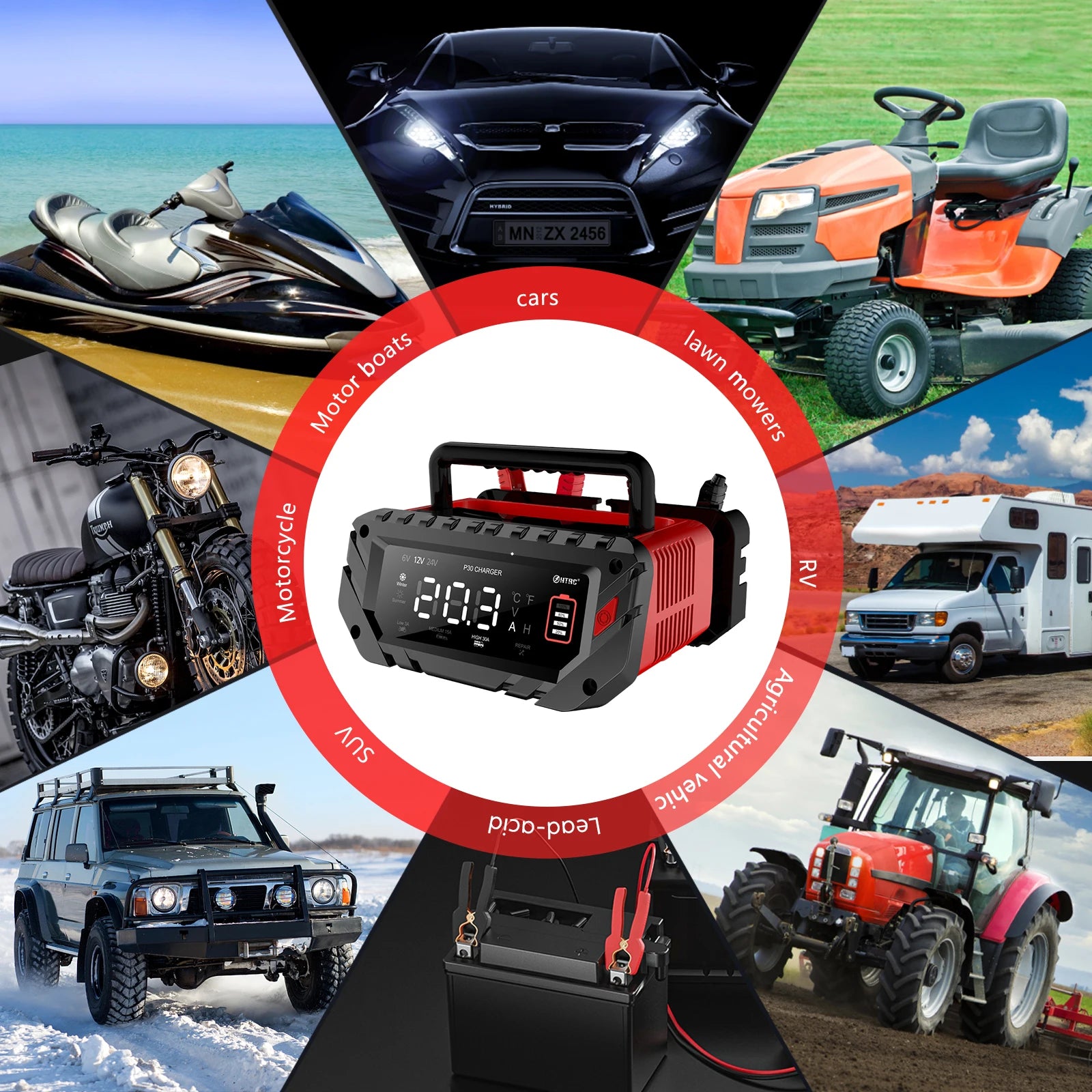 HTRC 30A 6V/12V/24V Car Battery Charger for Motorcycle Lead-Acid SLA Gel Lithium 24V/16A 12V/30A LiFePo4 Smart Battery Charger