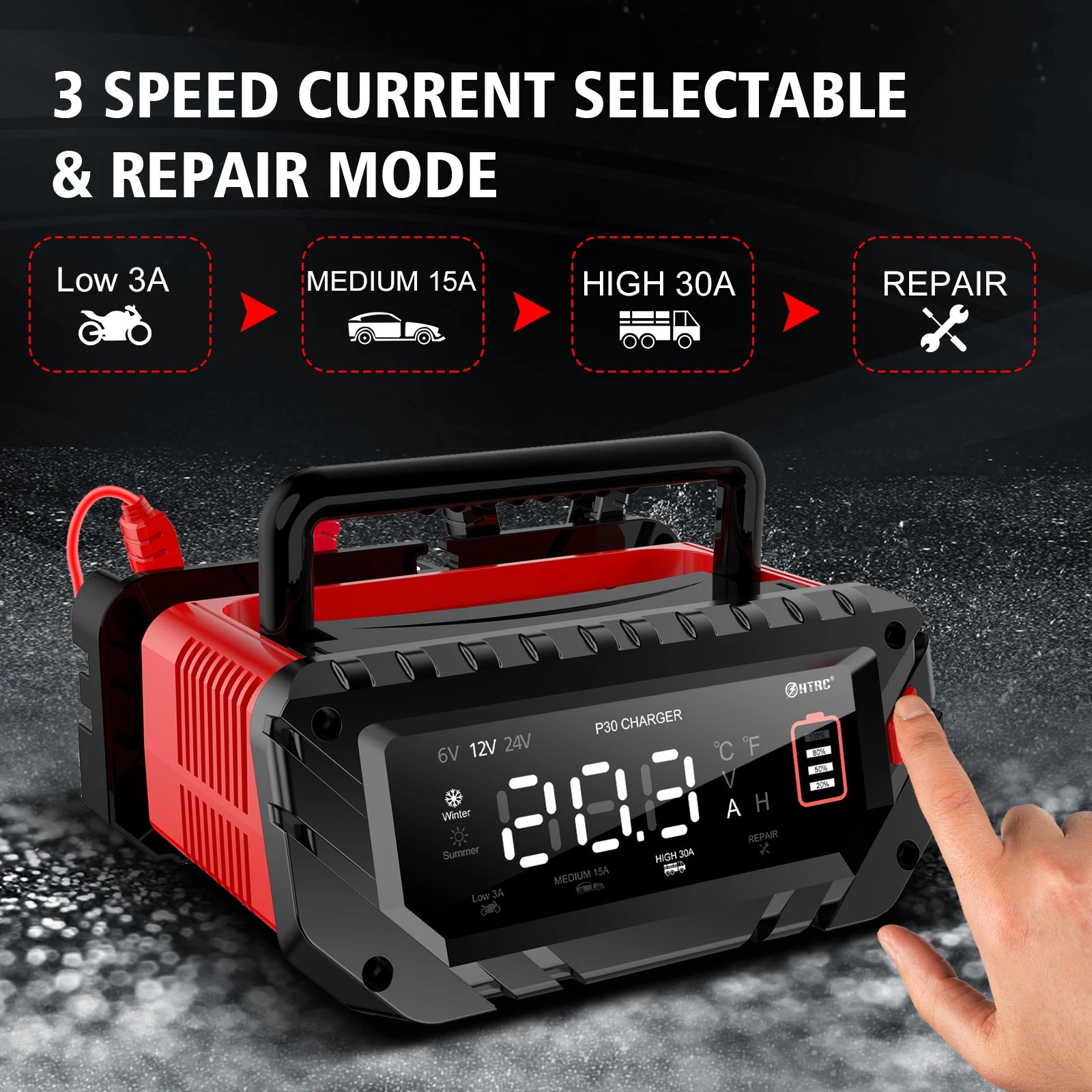 HTRC 30A 6V/12V/24V Car Battery Charger for Motorcycle Lead-Acid SLA Gel Lithium 24V/16A 12V/30A LiFePo4 Smart Battery Charger