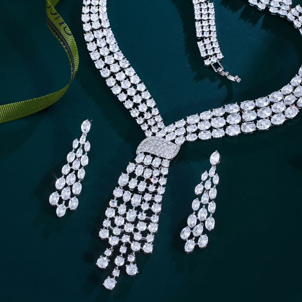CWWZircons Luxury Dangle Tassel Drop Cubic Zirconia Big Wedding Bridal Party Necklace and Earrings Jewelry Sets for Women T750