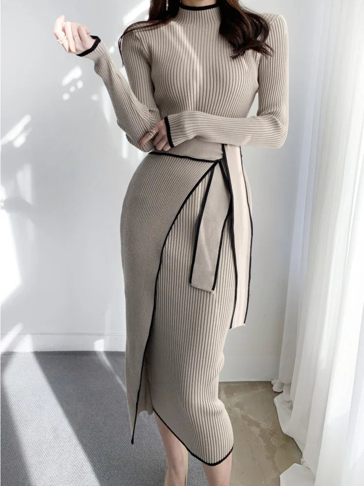 KIMLUD, Elegant Stand Collar Contrast Bandage Long Sleeve Women Knitted Dress Autumn Korean Fashion Casual Knit Bodycondresses Vestidos, Khaki / One Size, KIMLUD APPAREL - Womens Clothes
