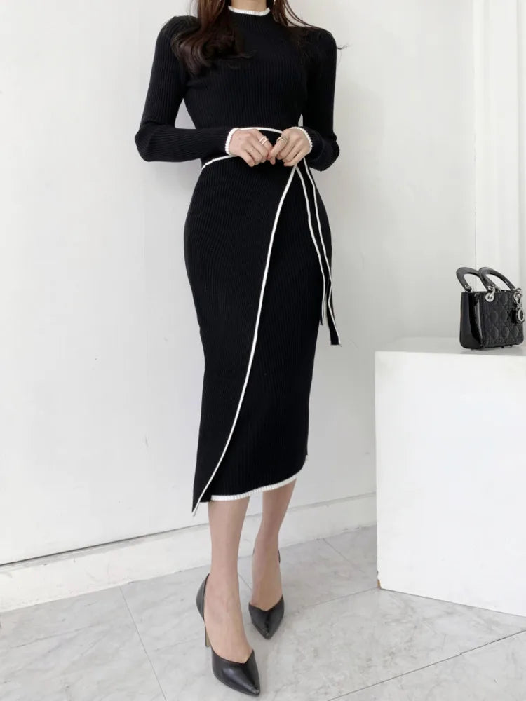KIMLUD, Elegant Stand Collar Contrast Bandage Long Sleeve Women Knitted Dress Autumn Korean Fashion Casual Knit Bodycondresses Vestidos, KIMLUD Womens Clothes